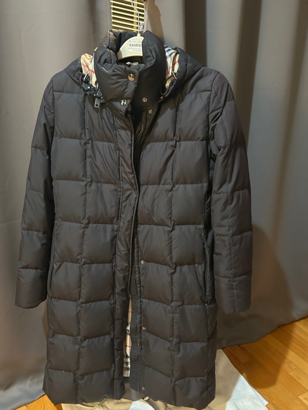 Burberry Black Quilted Long Puffer Coat with Checked Trim